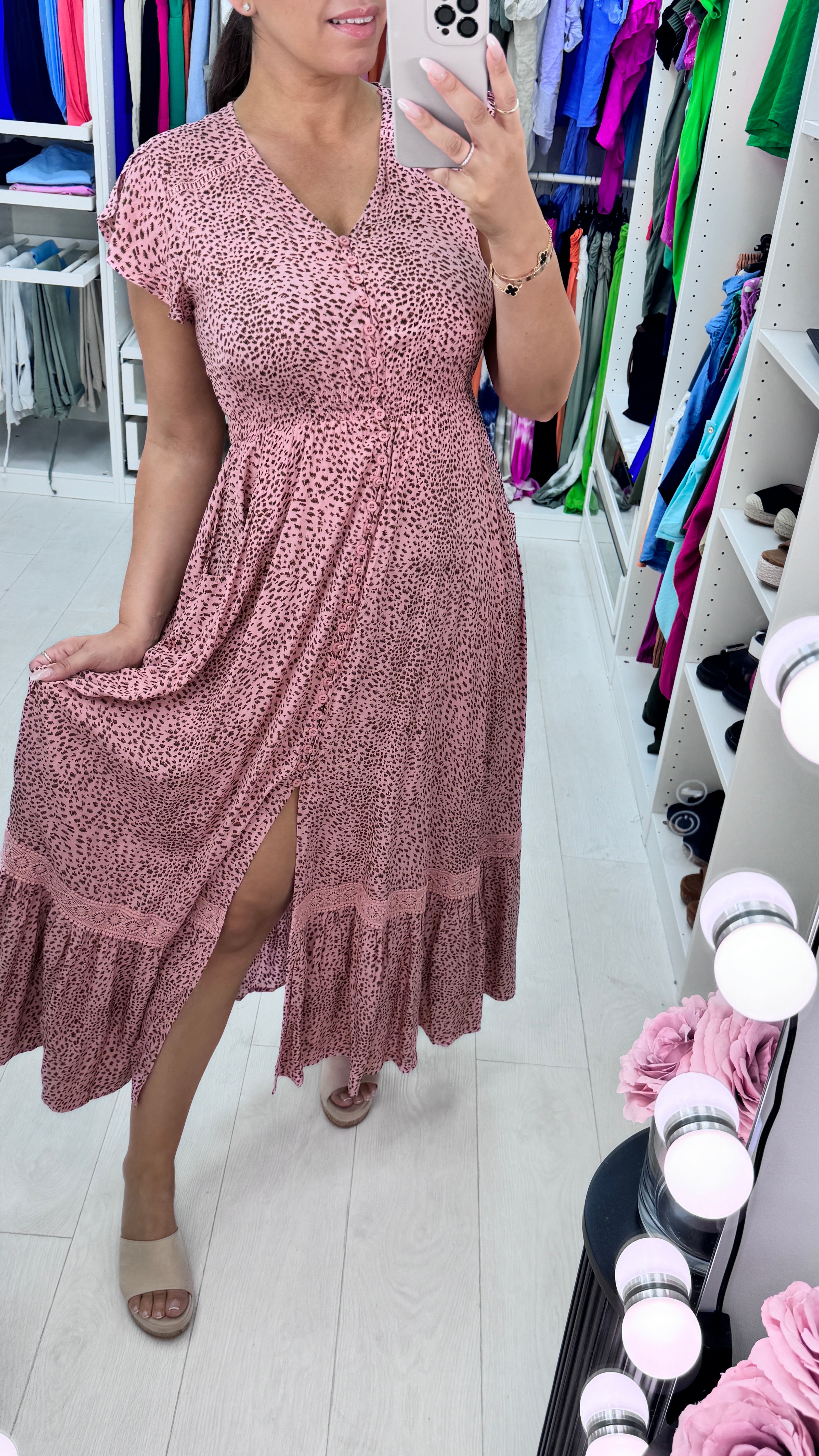 Zaria Rose Pink Cheetah Crochet Detailed Maxi Dress