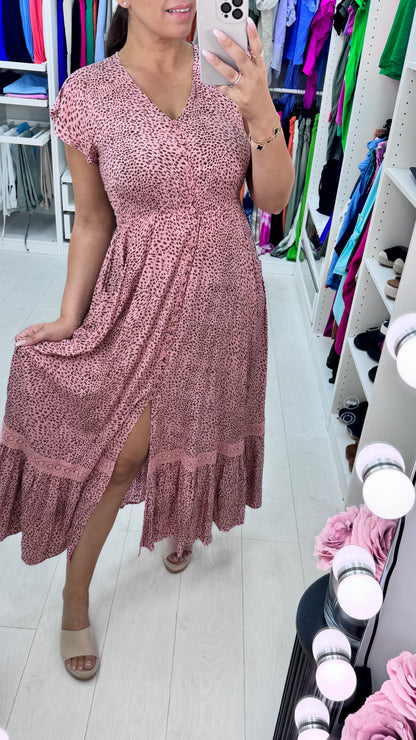 Zaria Rose Pink Cheetah Crochet Detailed Maxi Dress