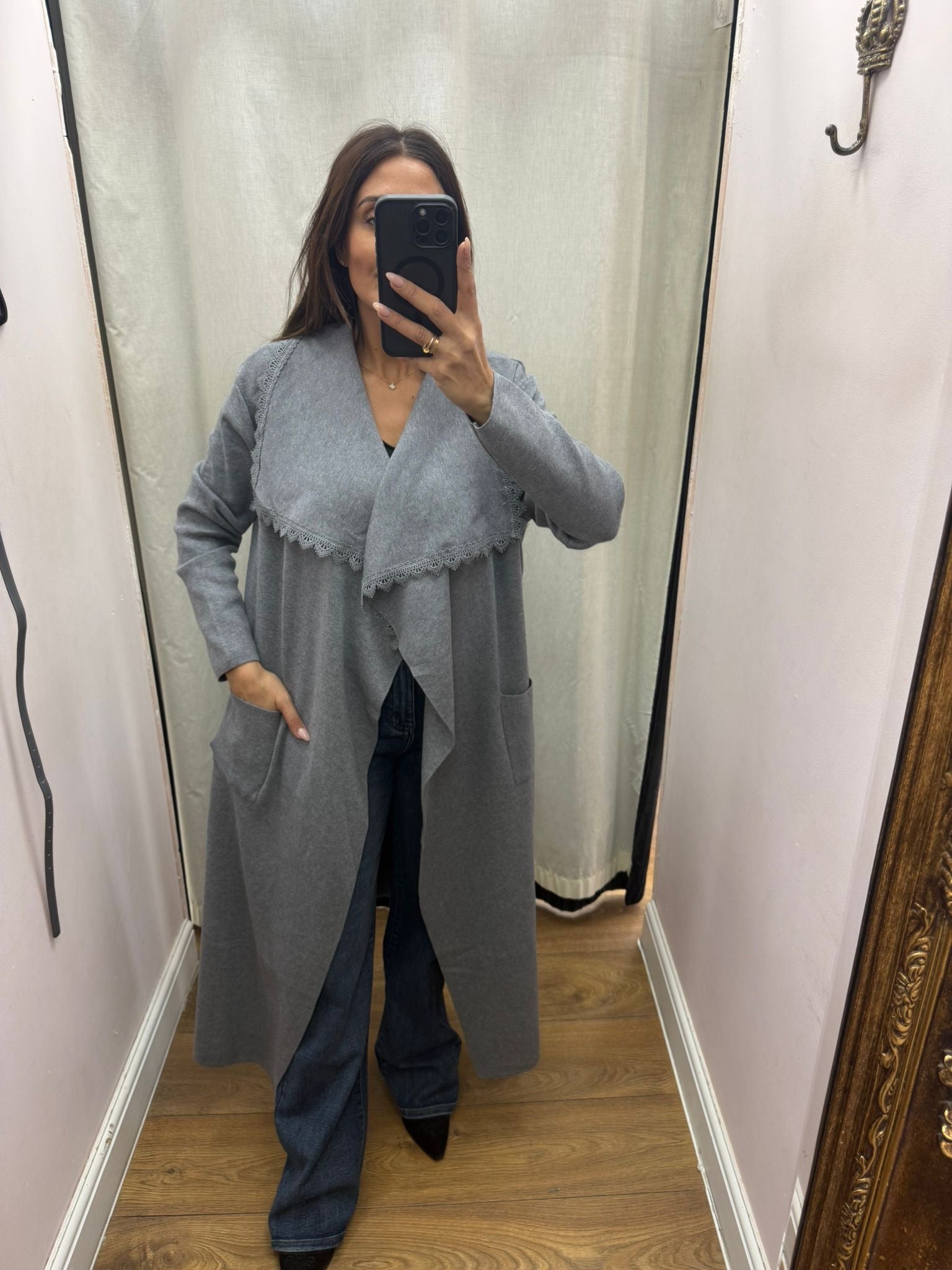 Ashleigh Plain Lace Trim Waterfall Cardi Jacket