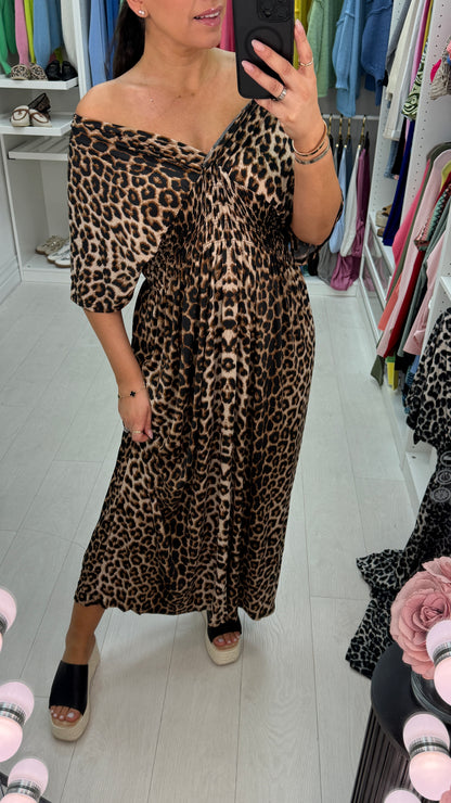 Vickie Leopard Print Shirred Waist Maxi Magic Dress