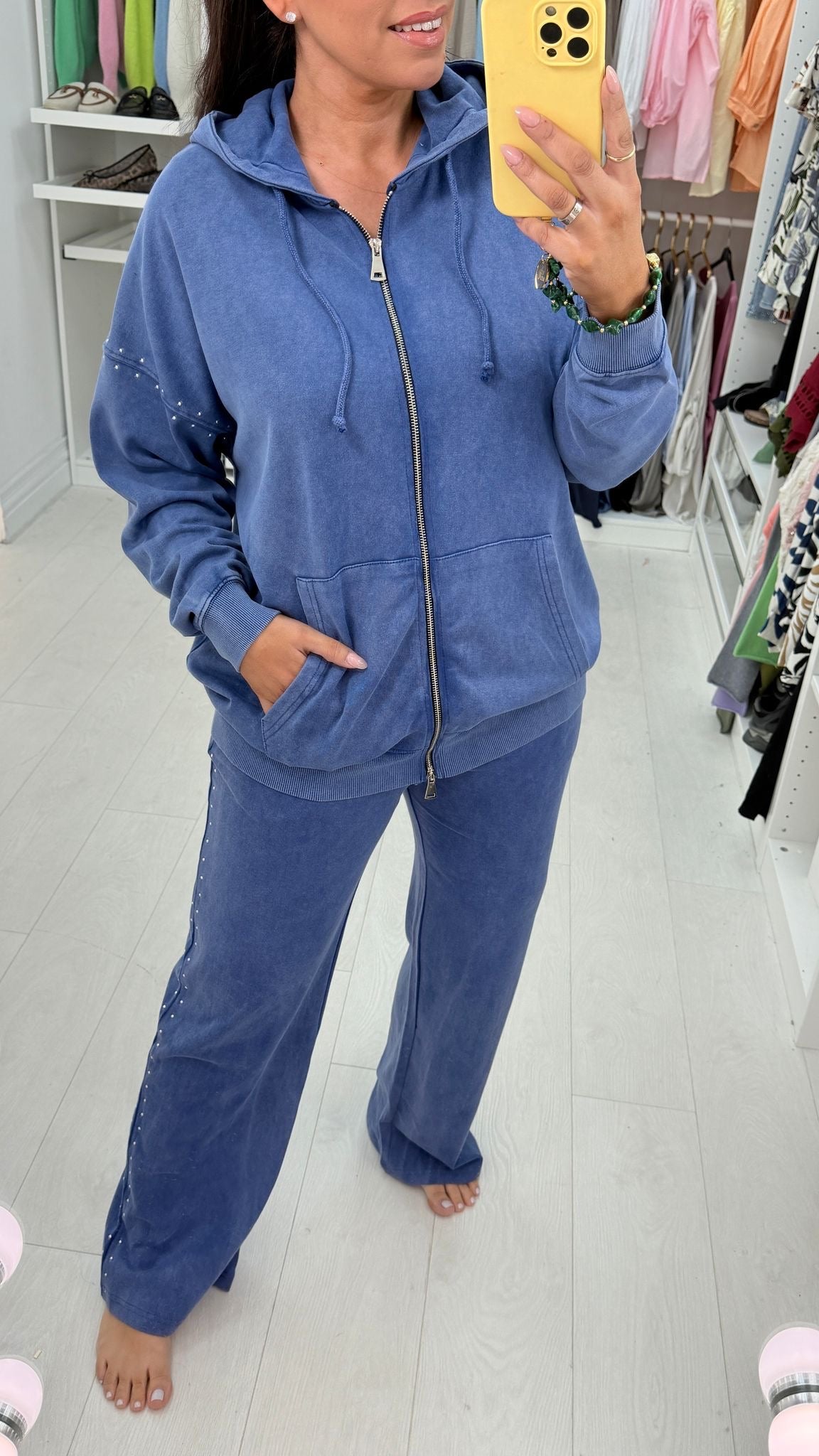 Jessie Denim Blue Acid Wash Stud Detail Loungewear Set