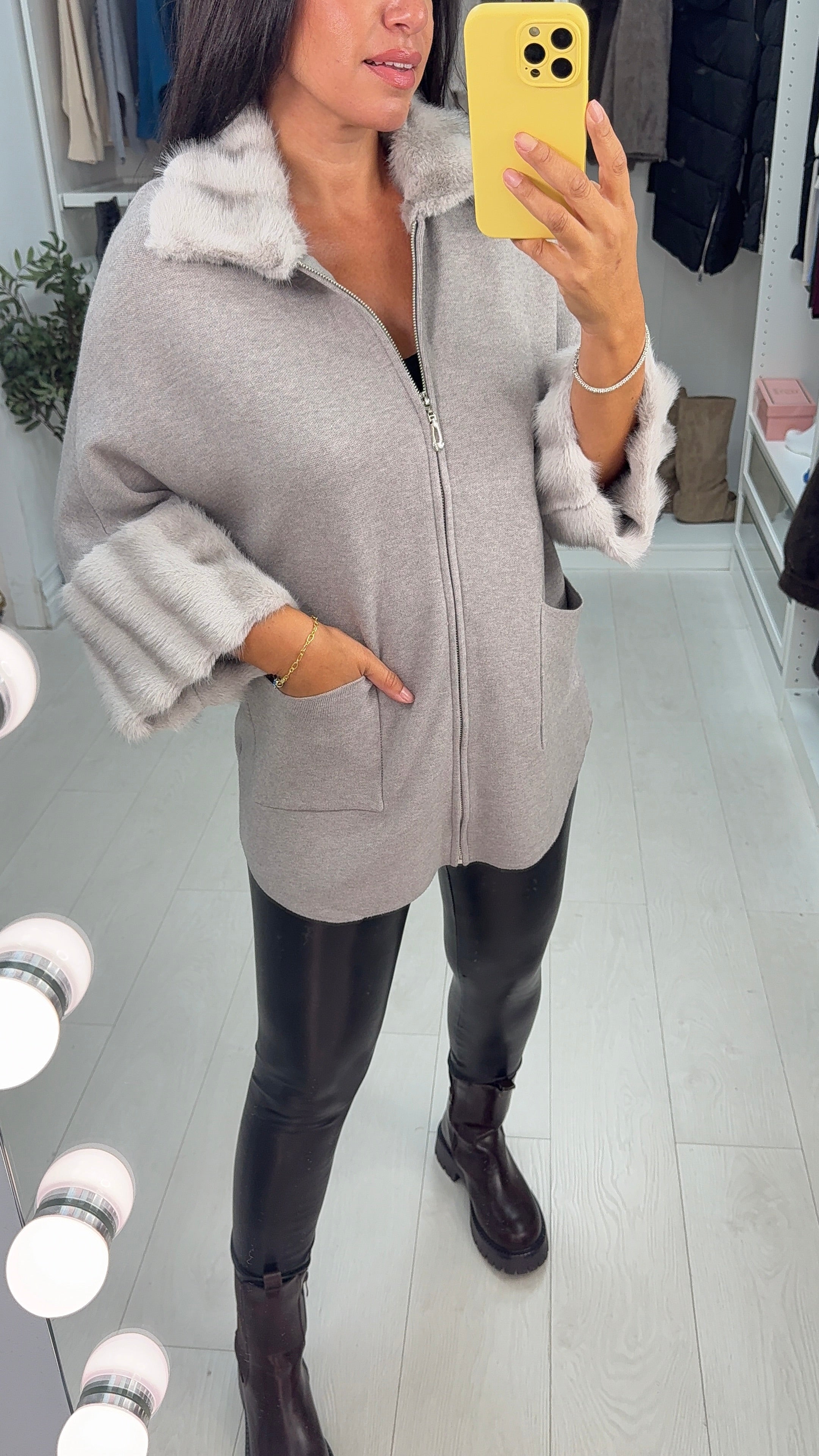 Orlanna Plain Faux Fur Detail Zip Front Cardigan