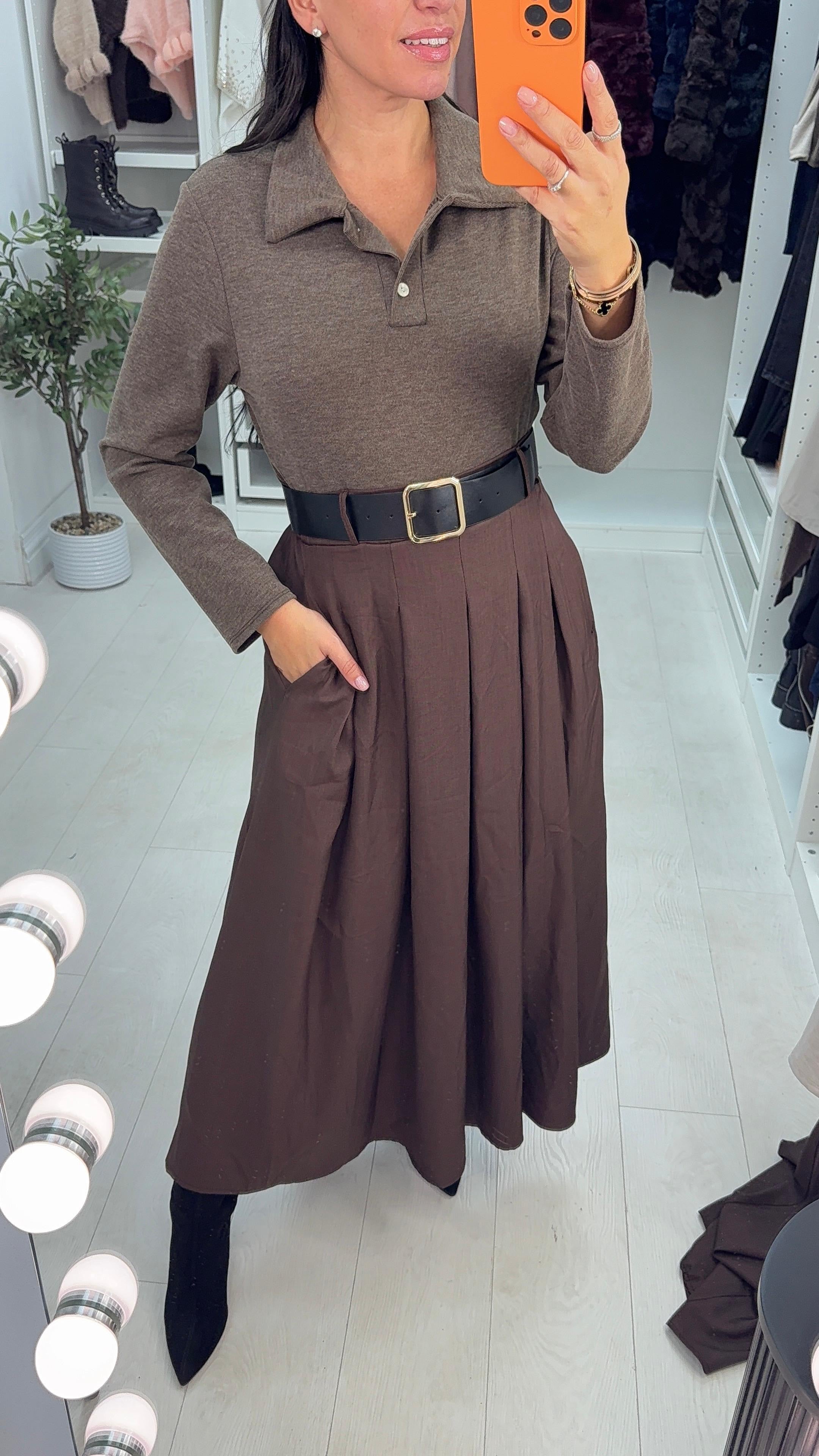 Milly V Neck Belted Chocolate Skirt Dress