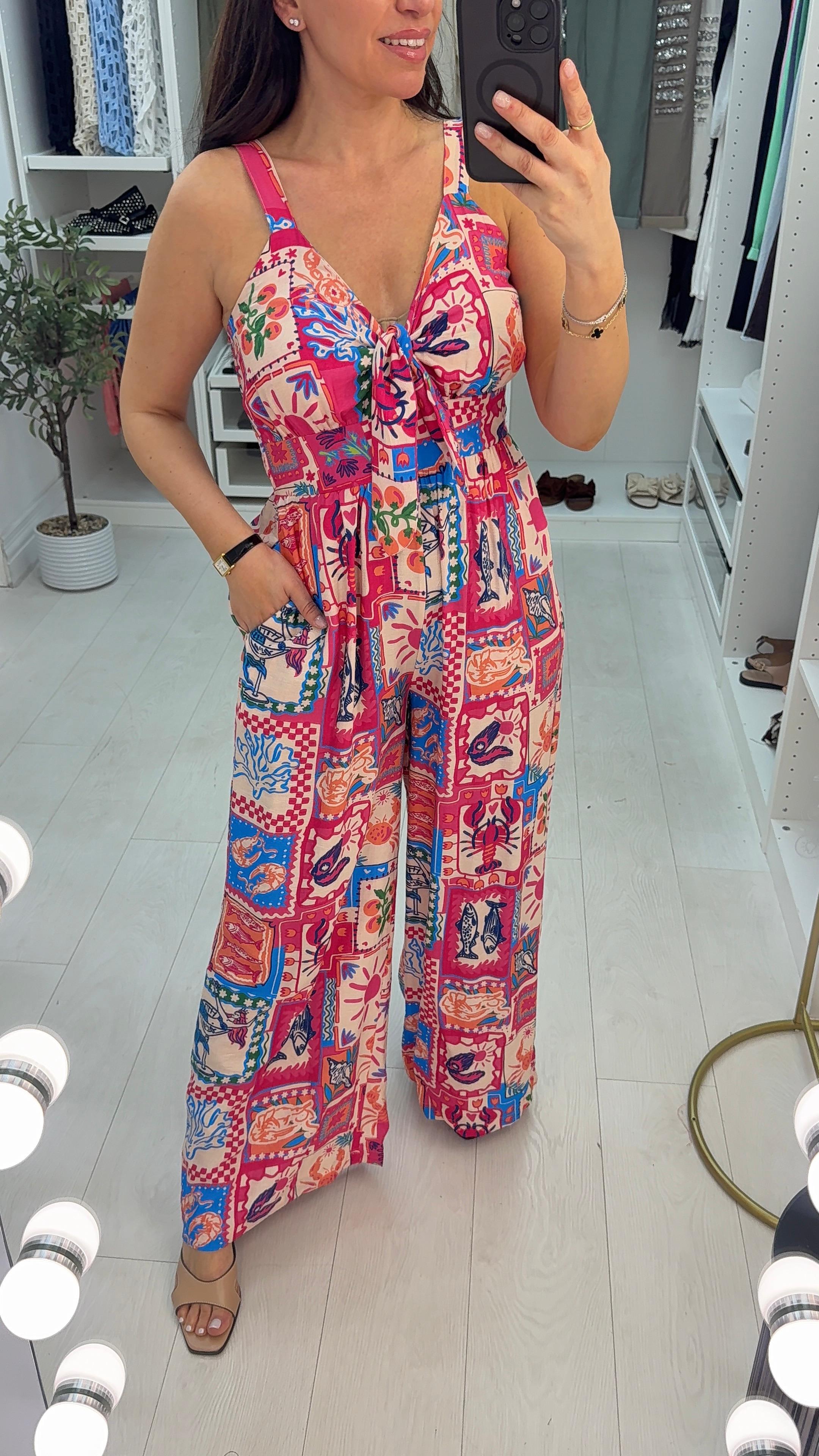 Leigh Abstract Print Tie Front Jumpsuit