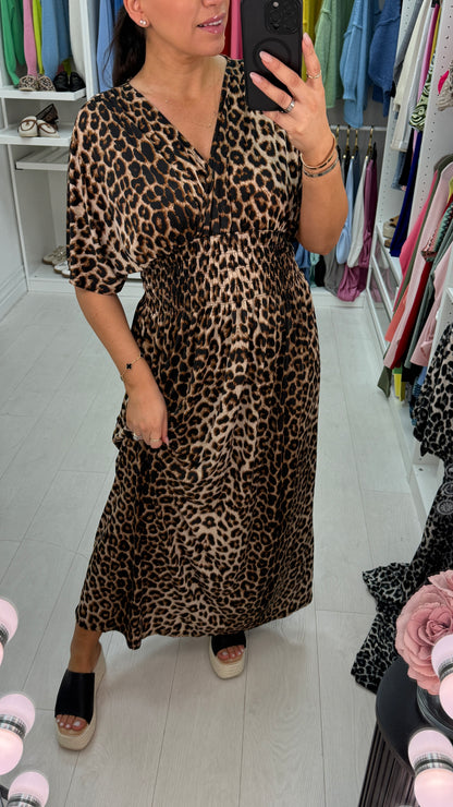 Vickie Leopard Print Shirred Waist Maxi Magic Dress