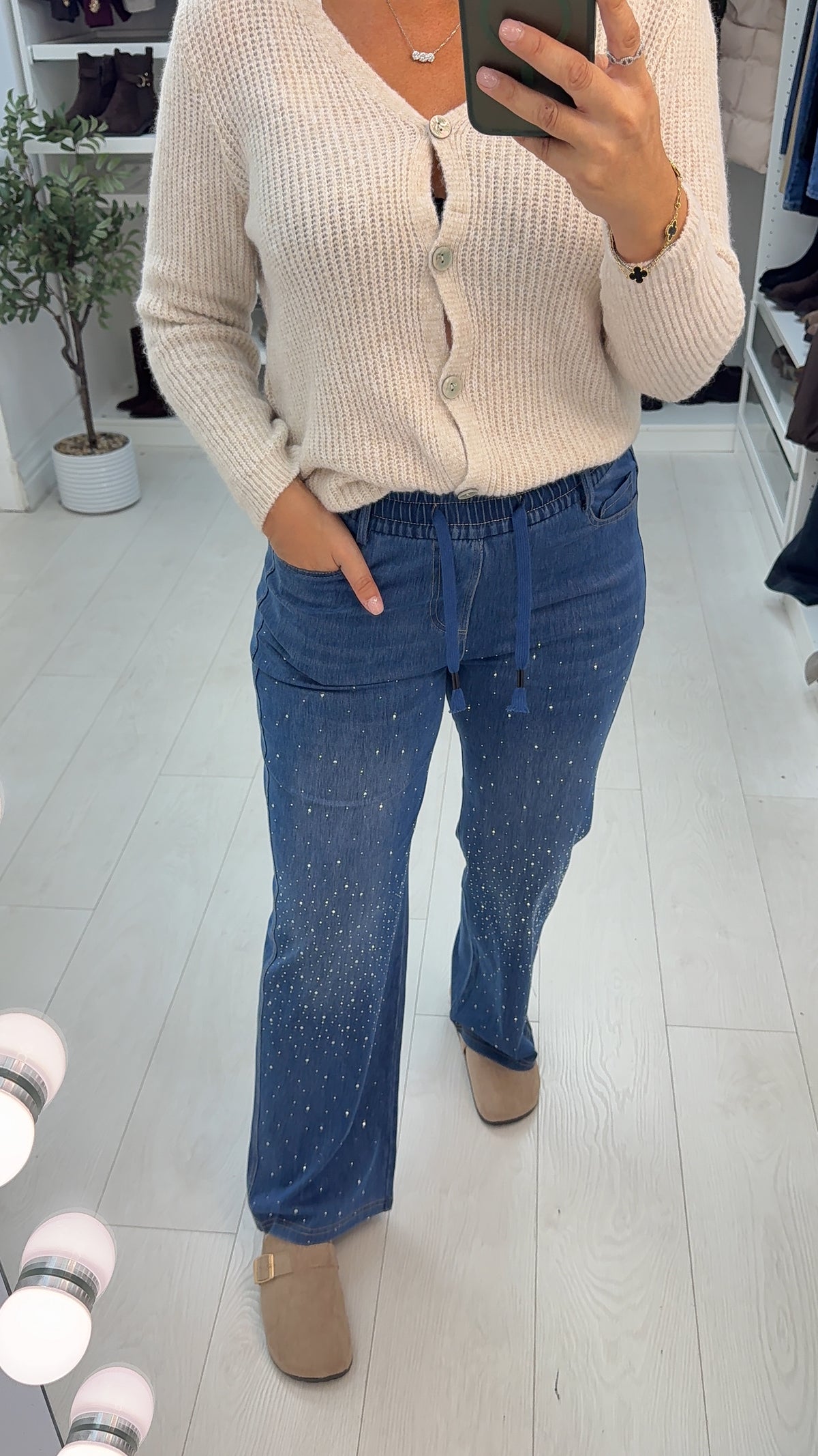 Ophira Embellished Drawstring Waist Denim Trousers