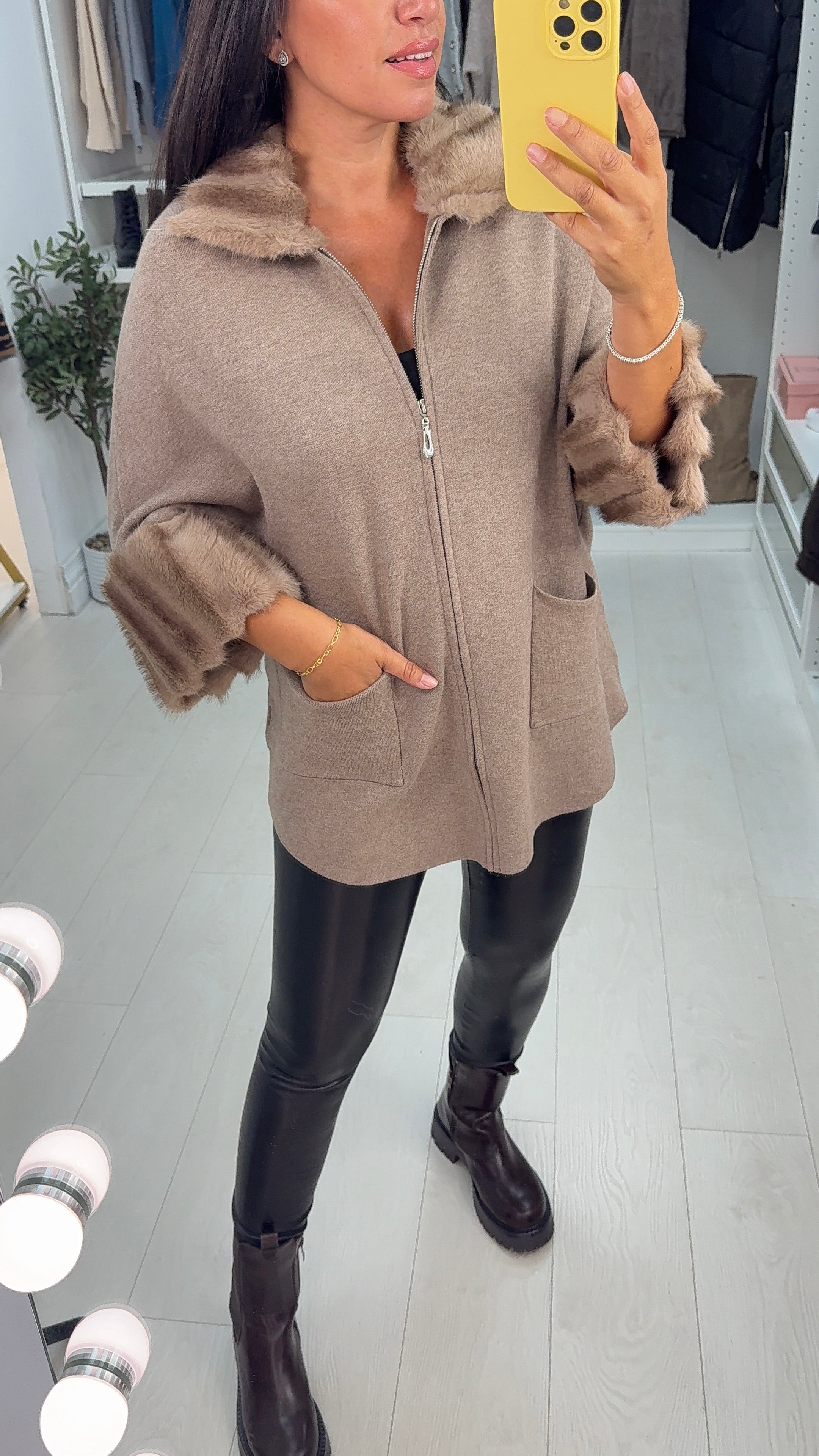 Orlanna Plain Faux Fur Detail Zip Front Cardigan