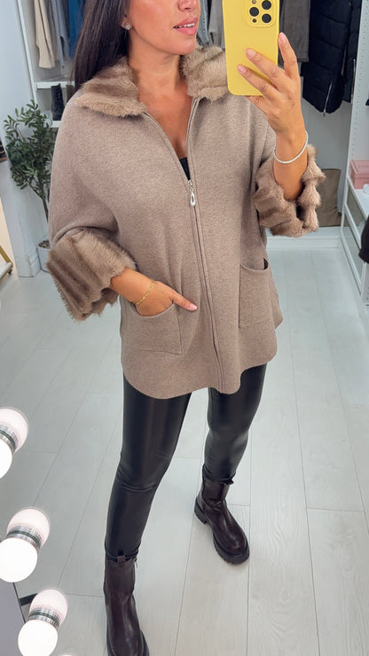 Orlanna Plain Faux Fur Detail Zip Front Cardigan