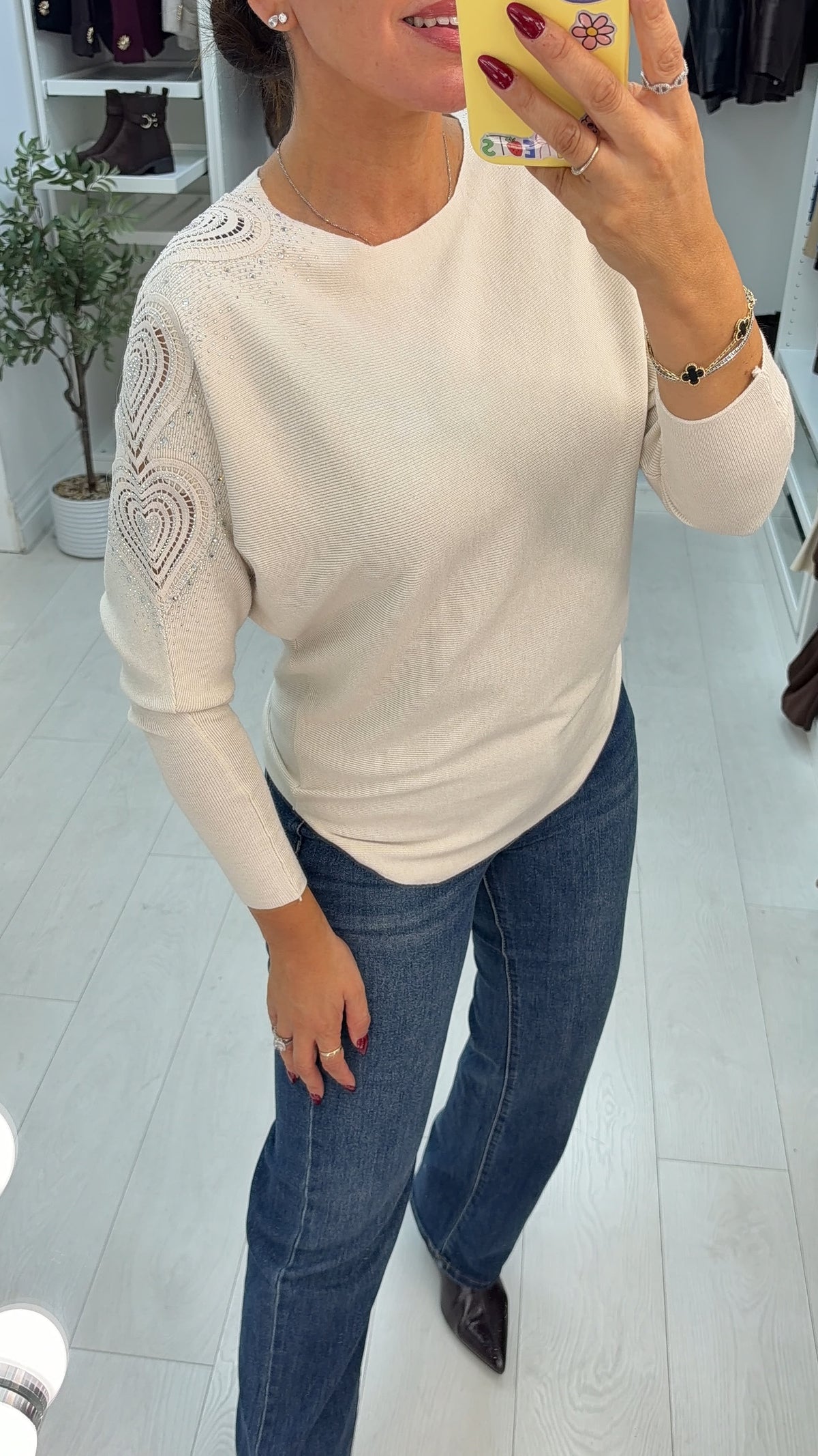Elvira Plain Embellished Heart Sleeve Jumper