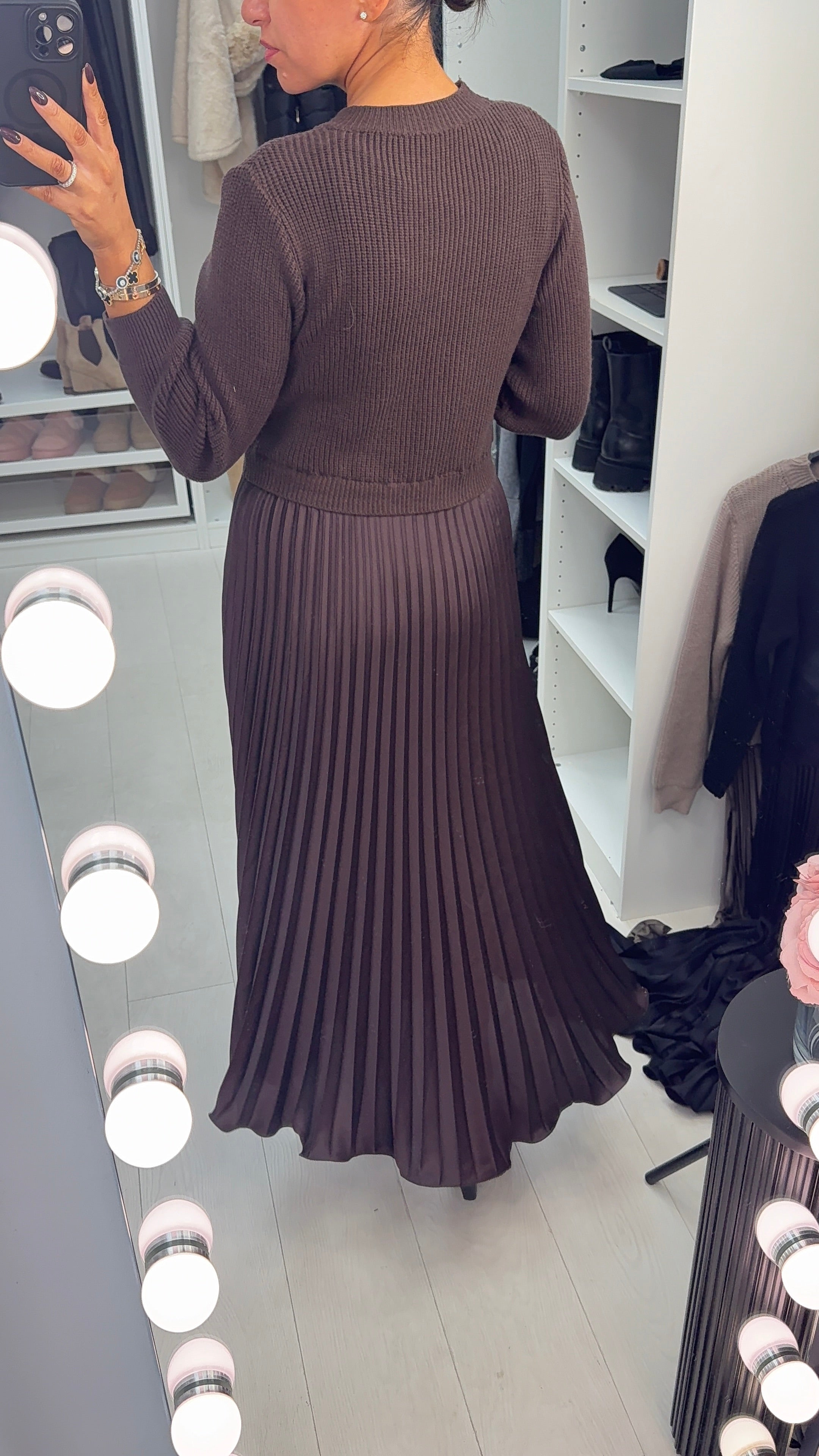 Elise Plain 2-In-1 Knitted Top Silk Pleated Dress