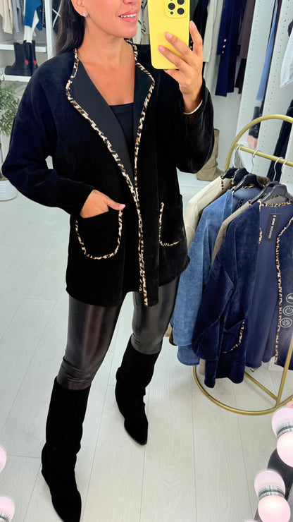 Dani Plain Leopard Print Trim Corduroy Open Front Cardigan