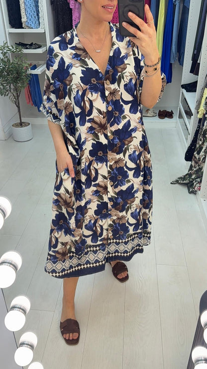 Marline Floral Print Button Front Loose Fit Dress