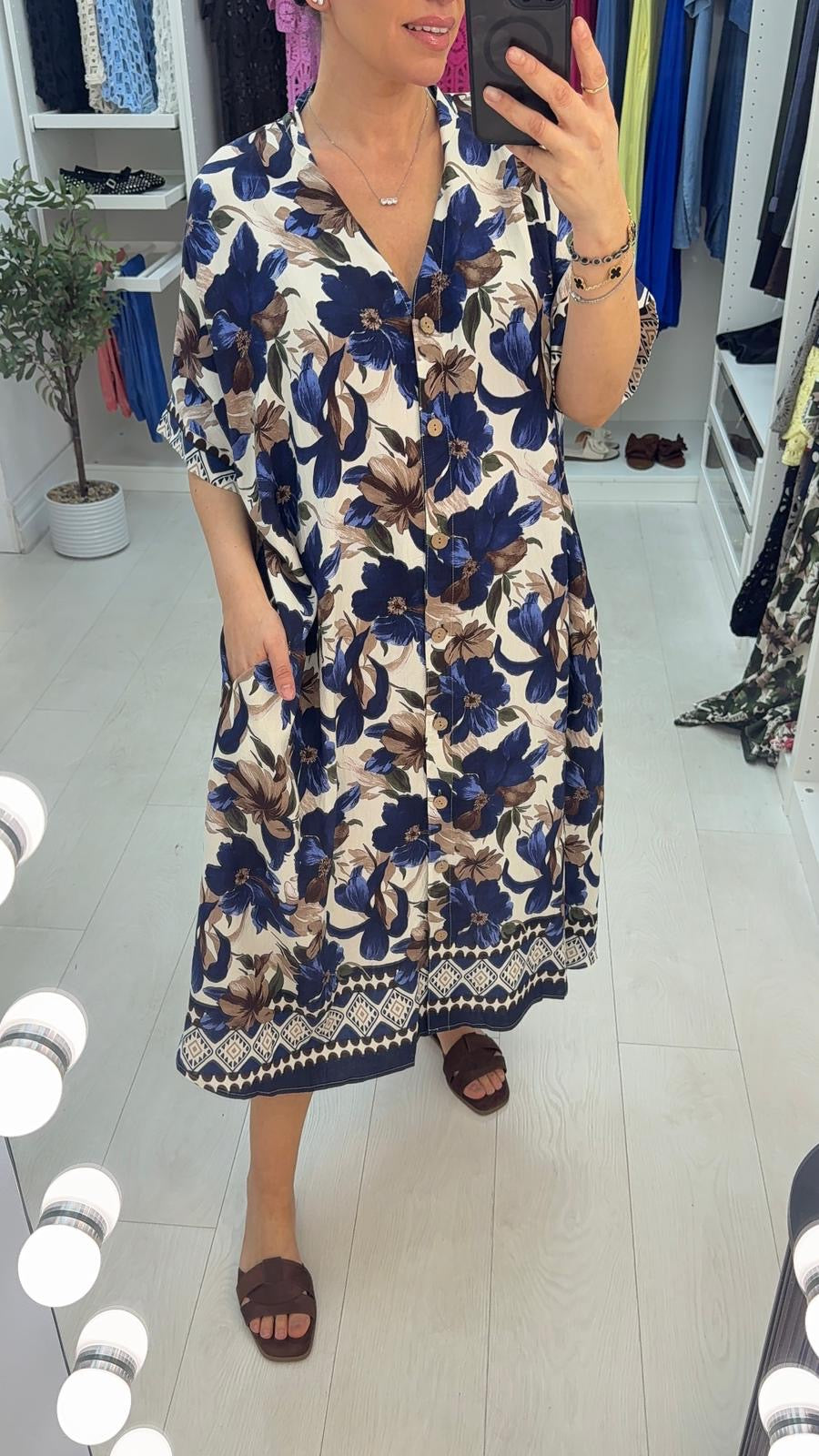 Marline Floral Print Button Front Loose Fit Dress