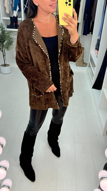 Dani Plain Leopard Print Trim Corduroy Open Front Cardigan