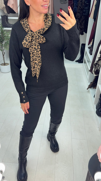 Emilee Plain Leopard Print Pussybow Jumper