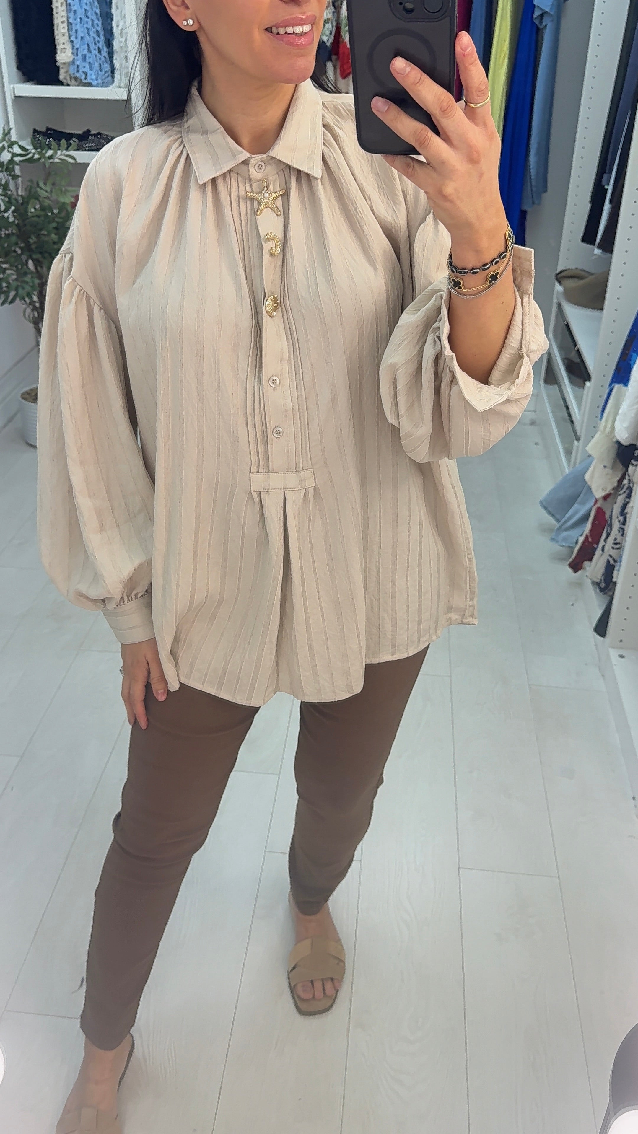 Tulia Plain Embellished Button Detail Ballon Sleeve Loose Fit Blouse