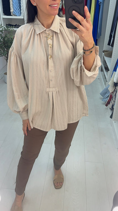 Tulia Plain Embellished Button Detail Ballon Sleeve Loose Fit Blouse