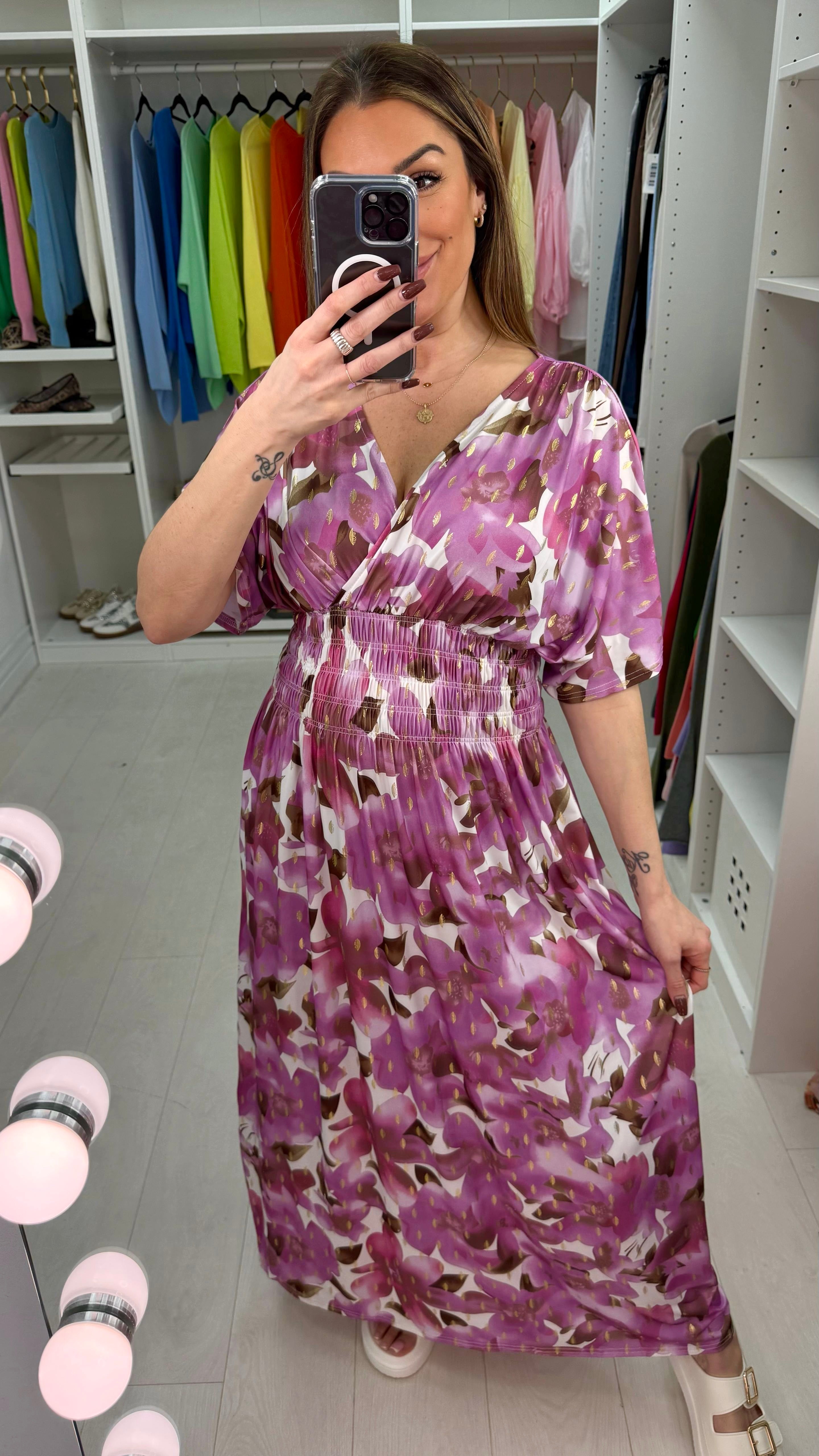 Cynthia Floral Print Shirred Waist Magic Maxi Dress