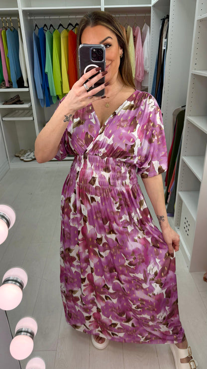 Cynthia Floral Print Shirred Waist Magic Maxi Dress