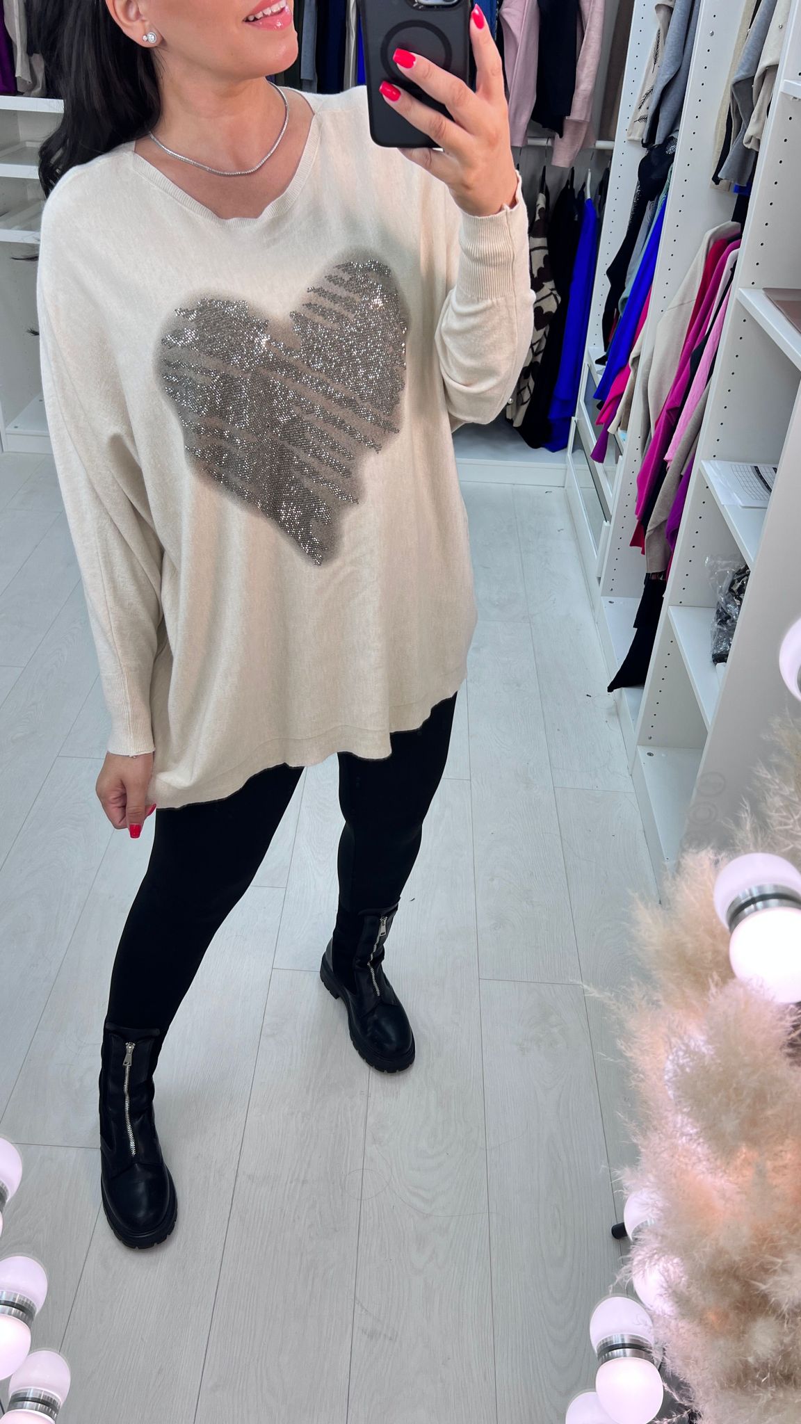 Almeolitta Diamante Studded Heart Drop Sleeve Knit Top