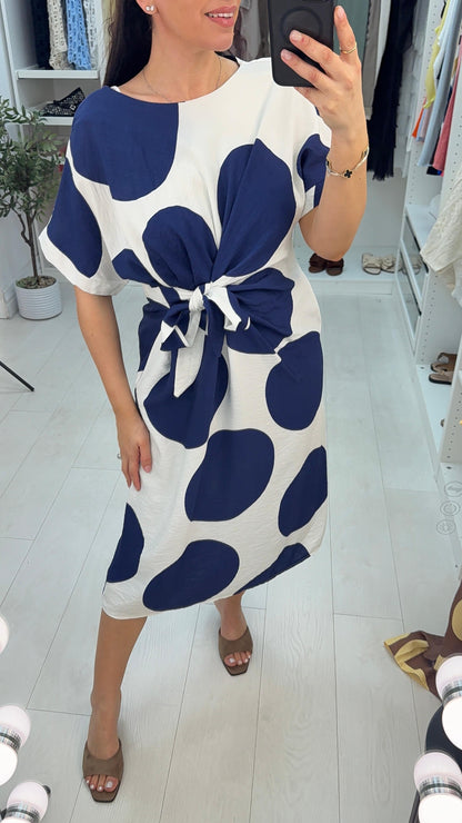 Ryana Polka Dot Tie Side Midi Dress