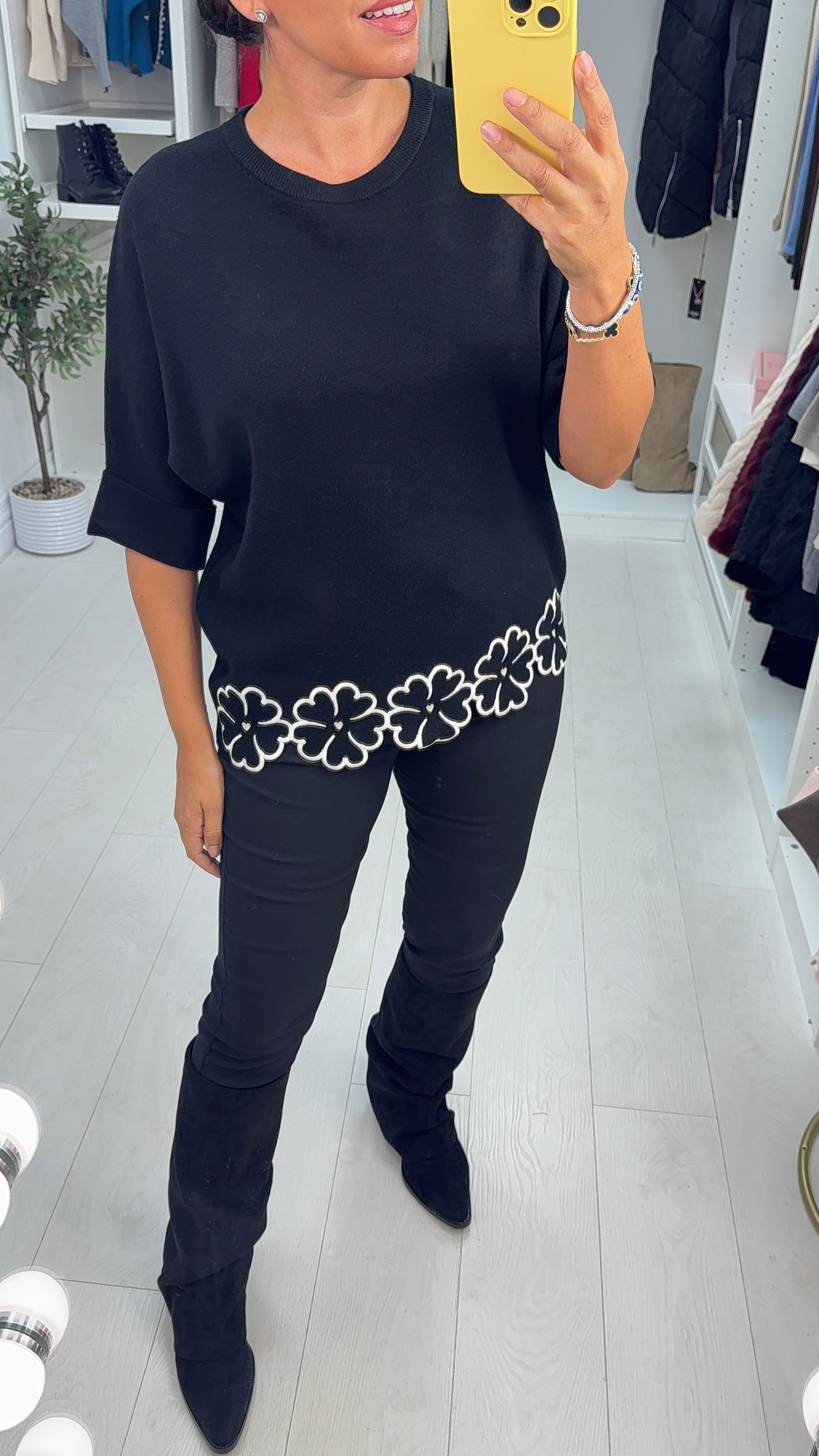 Donatella Plain Floral Trim 3/4 Sleeve Jumper