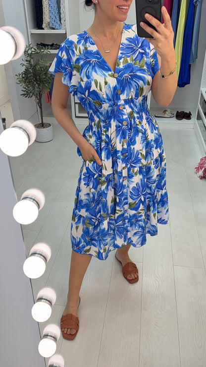 Briona Floral Print V Neck Shirred Waist Dress