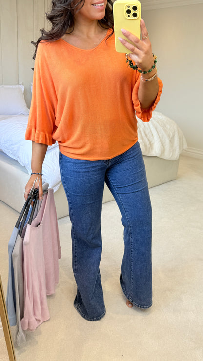 Kathy Plain Frill Sleeve Thin Knit Loose Fit Top