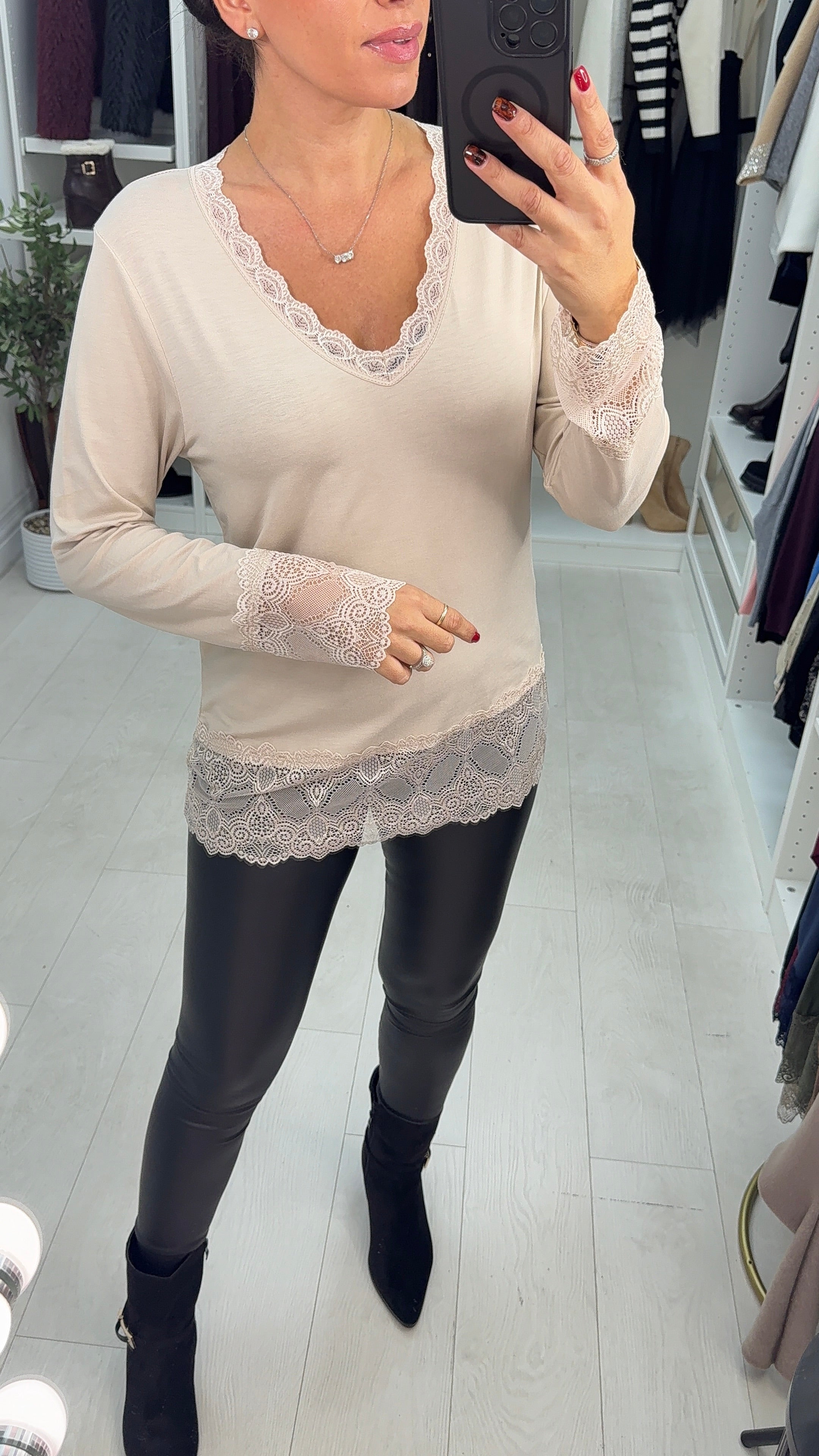 Hadleigh Long Sleeve Lace Trim V Neck Top
