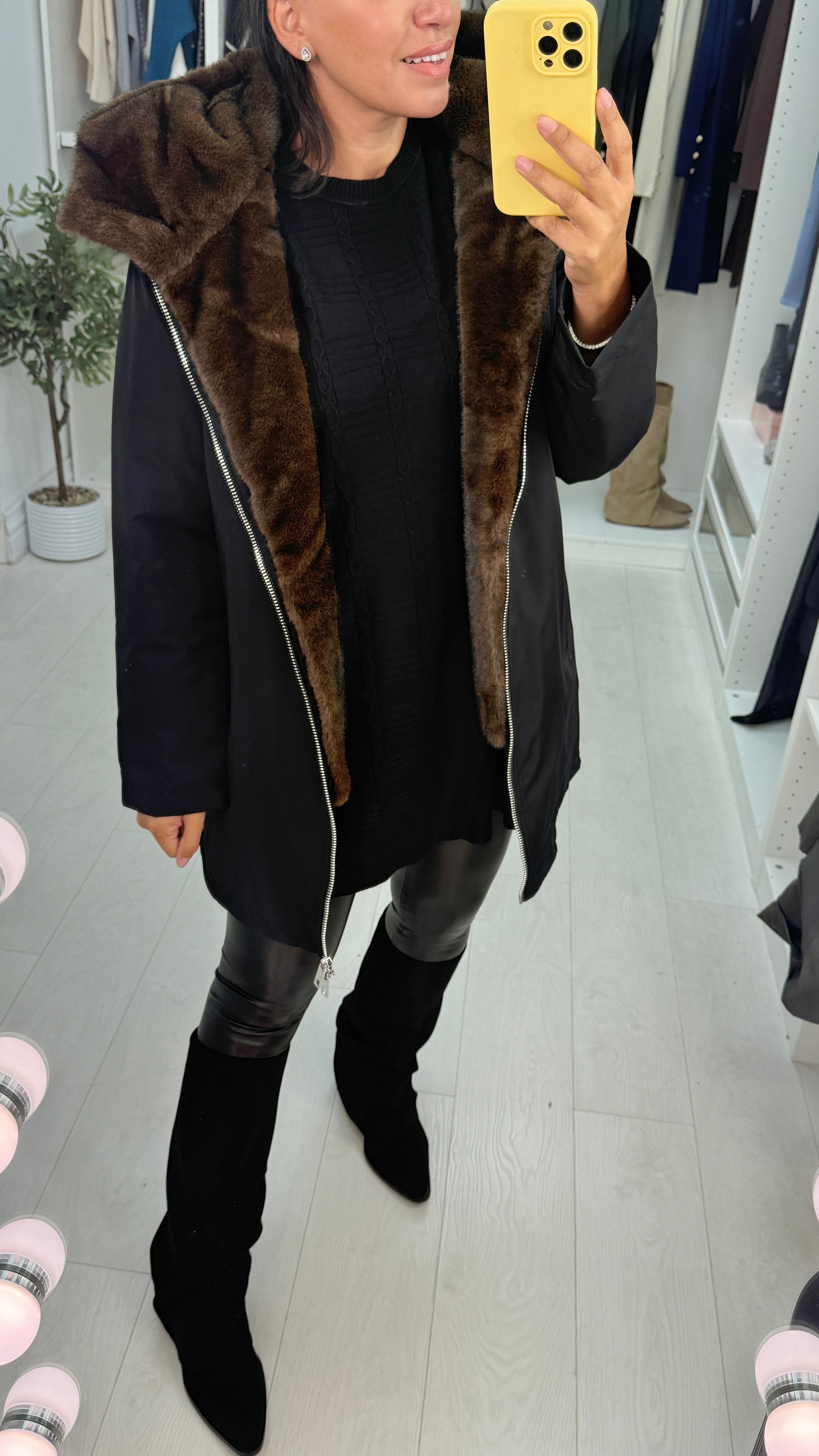 Kassy Plain Faux Fur Hood Parka Coat