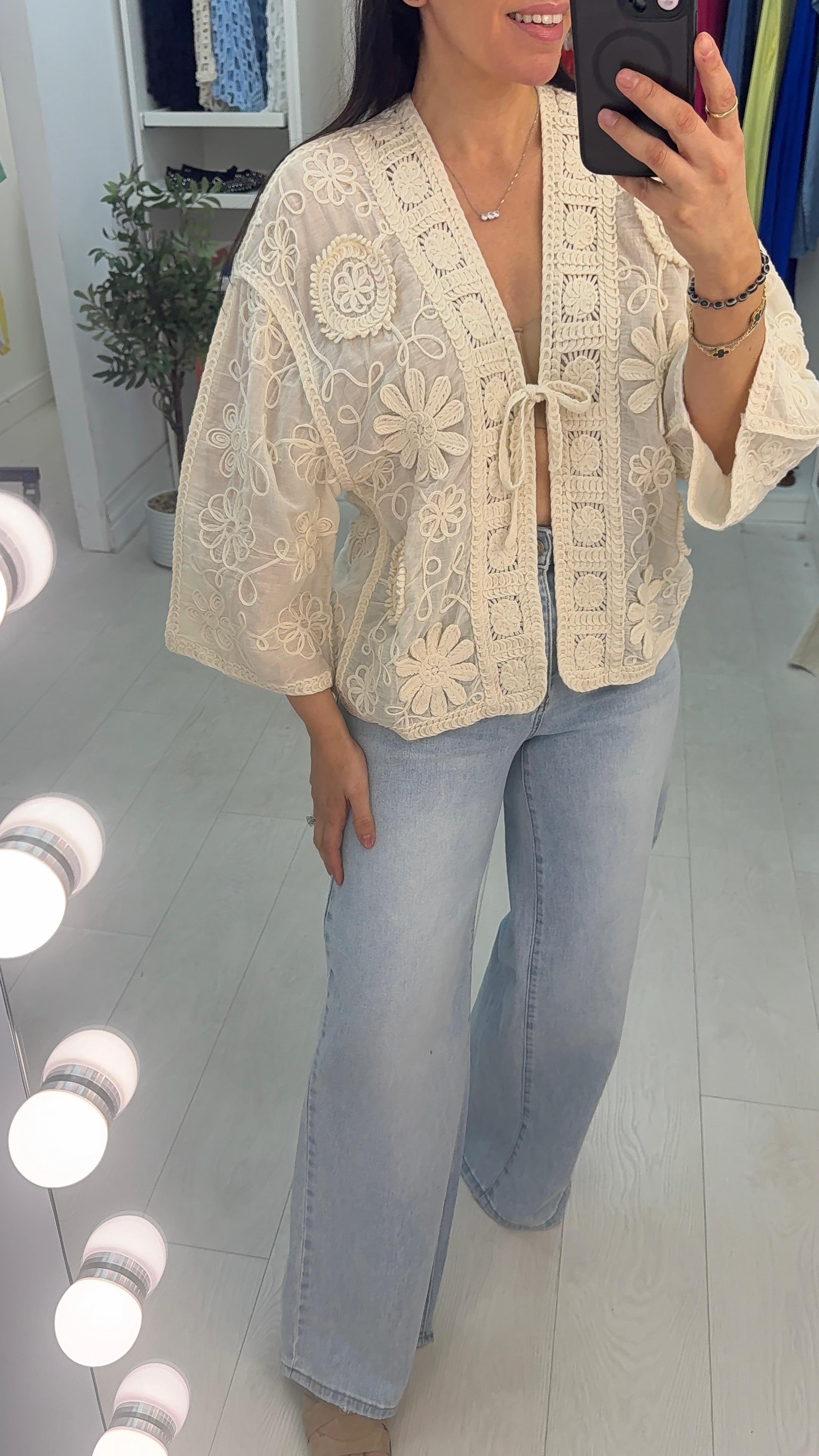 Liana Plain Embroidered Tie Front Cardigan