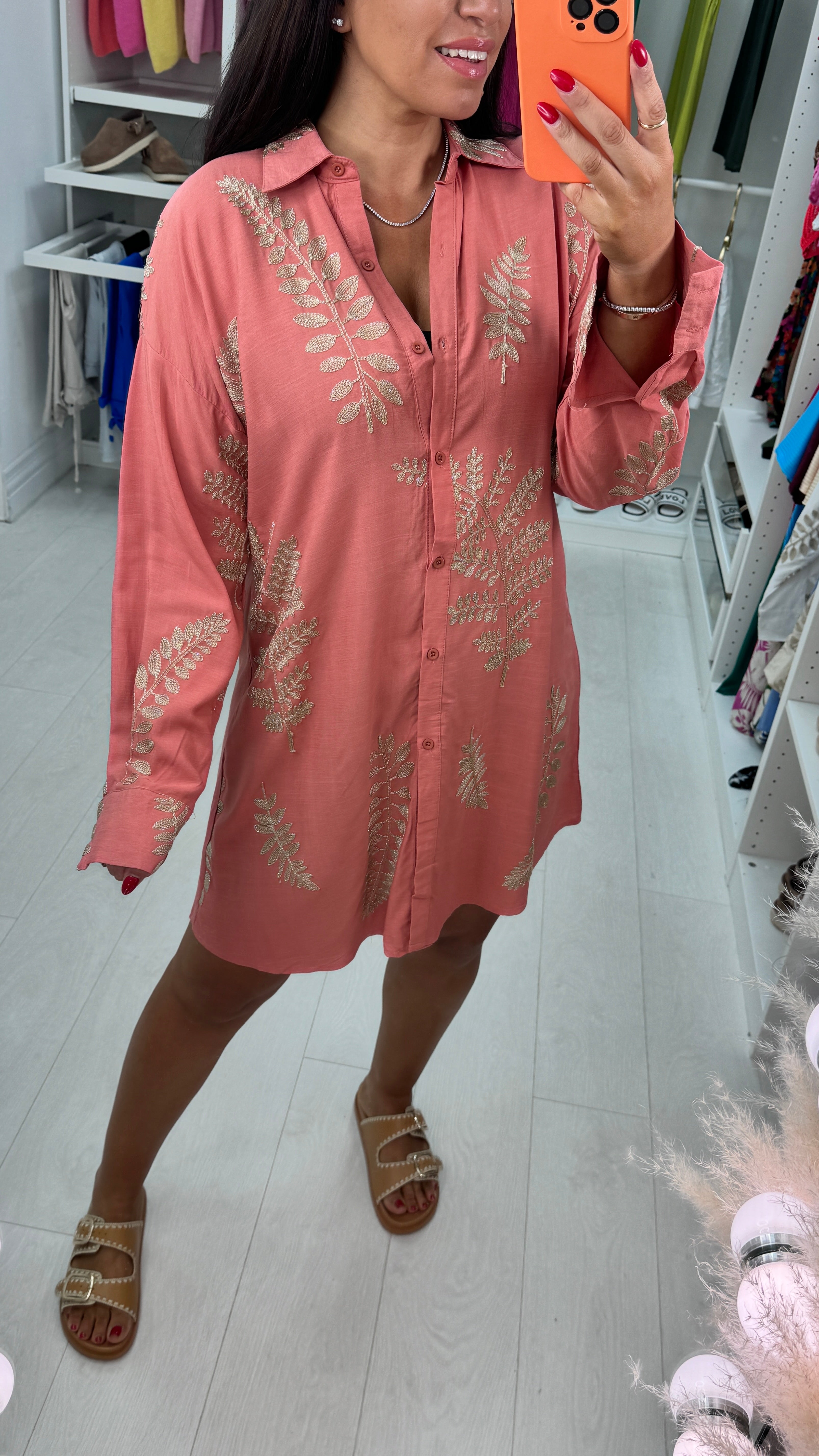 Tulula Gold Embroidery Leaf Shirt Dress