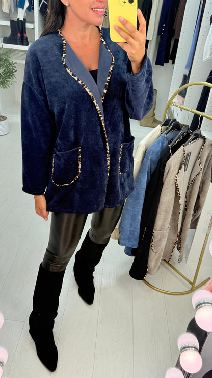 Dani Plain Leopard Print Trim Corduroy Open Front Cardigan