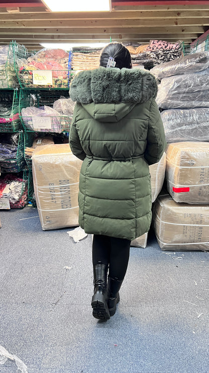 Klara Khaki Luxury Faux Fur Trim Hooded Coat