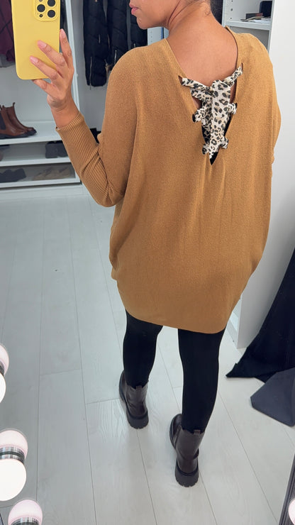 Tuscany Leopard Tie Bow Back Batwing Knitted Jumper