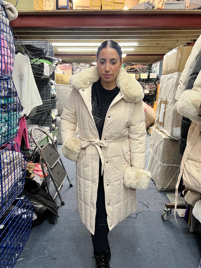 Elexi Beige Faux Fur Detail Padded Coat