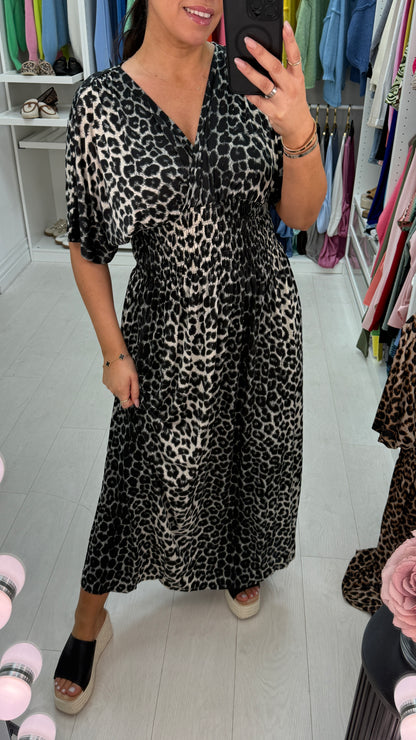 Vickie Leopard Print Shirred Waist Maxi Magic Dress