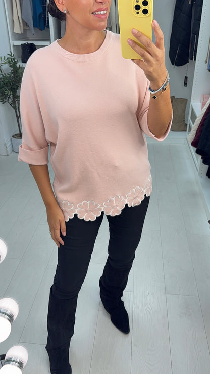 Donatella Plain Floral Trim 3/4 Sleeve Jumper