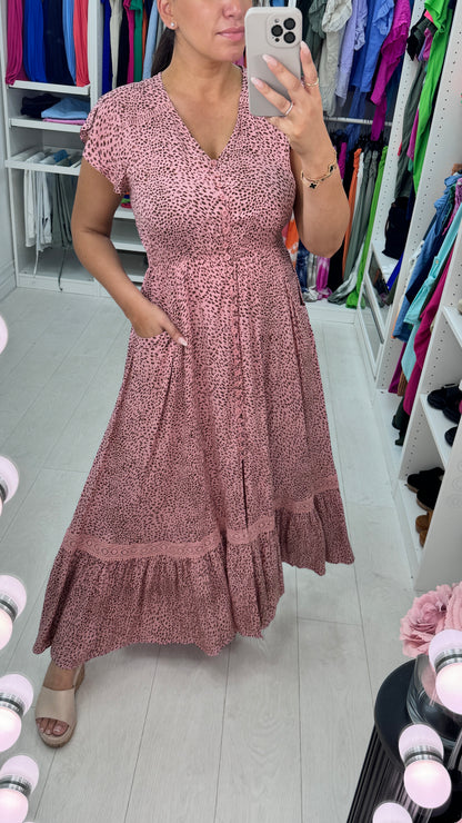 Zaria Rose Pink Cheetah Crochet Detailed Maxi Dress