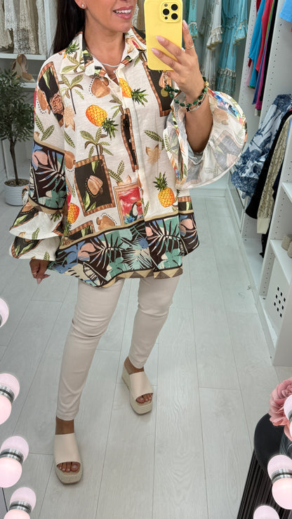 Zariah Printed Ruffle Cuff Shirt