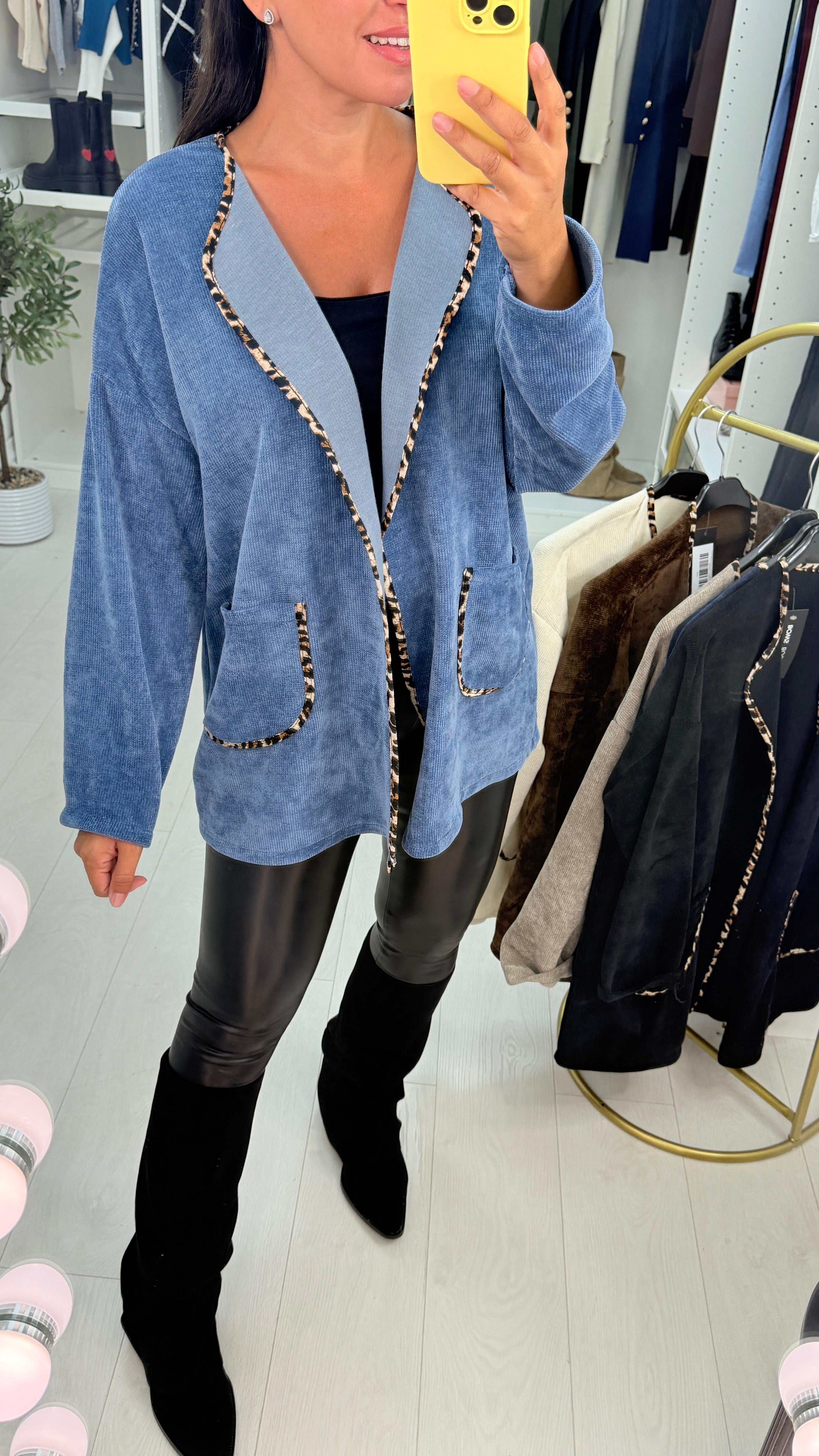 Dani Plain Leopard Print Trim Corduroy Open Front Cardigan