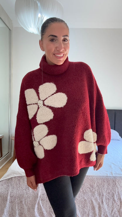 Clare Embellished Floral Detail Oversized Roll Neck Jumper