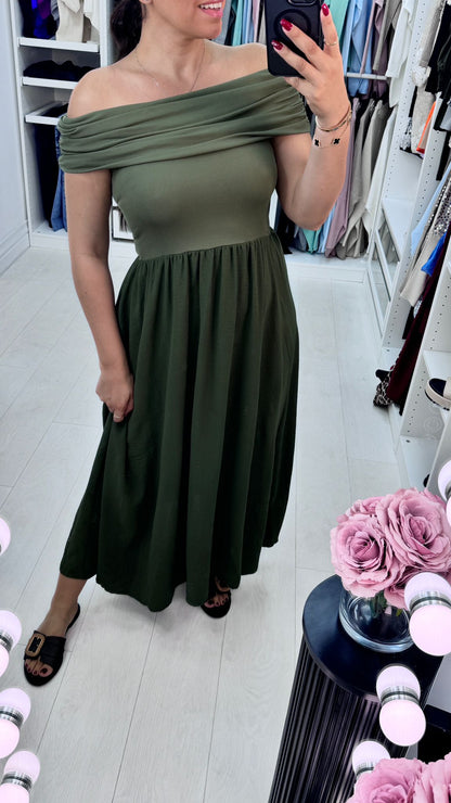 Alexandria Plain Bardot Poplin Maxi Dress