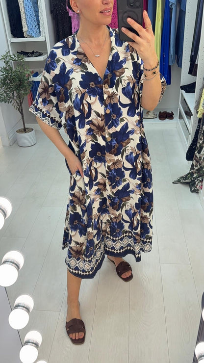 Marline Floral Print Button Front Loose Fit Dress