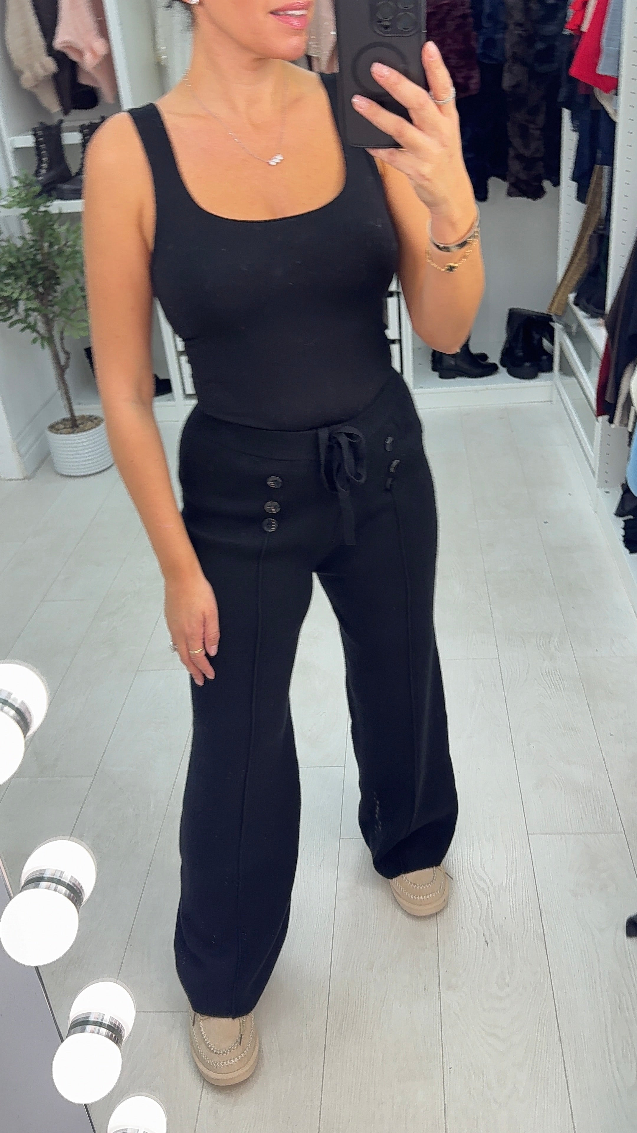 Vivy Plain Button Detail Knitted Straight Leg Trousers