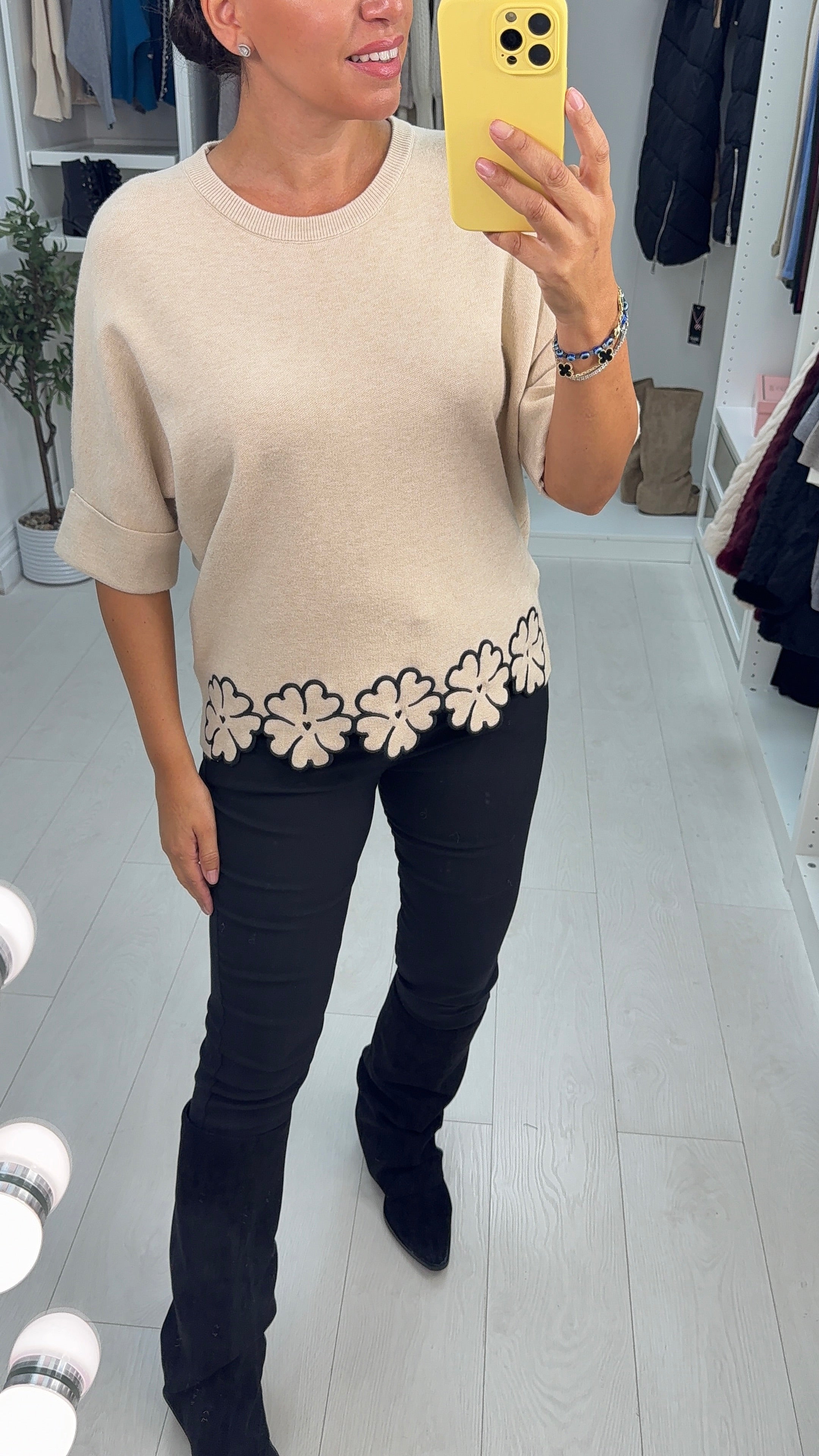 Donatella Plain Floral Trim 3/4 Sleeve Jumper