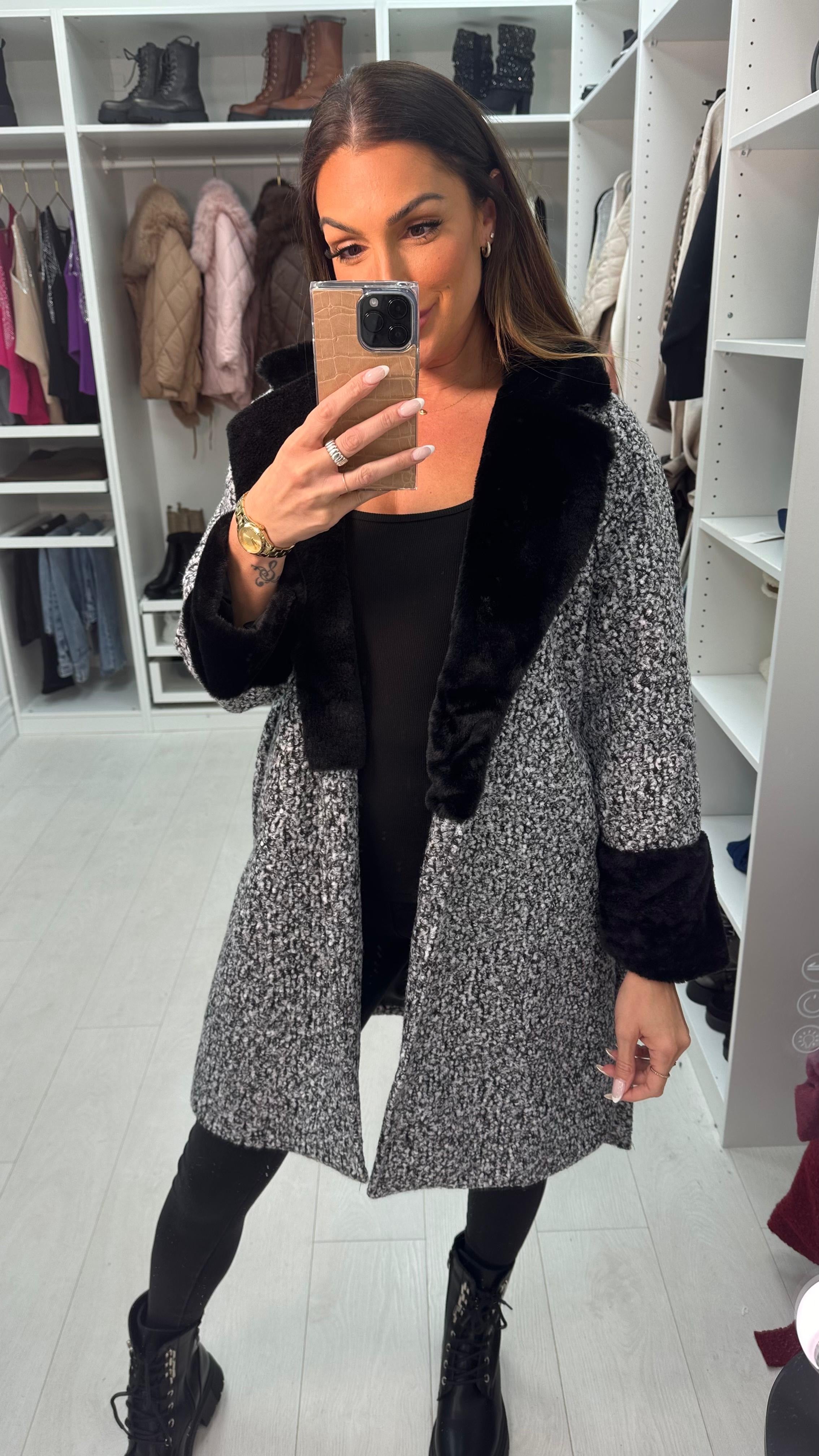 Pamy Boucle Faux Fur Detail Belted Coat