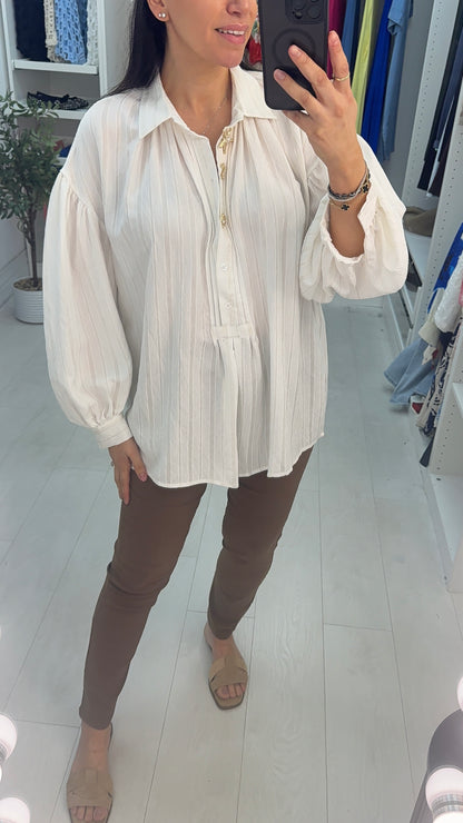 Tulia Plain Embellished Button Detail Ballon Sleeve Loose Fit Blouse