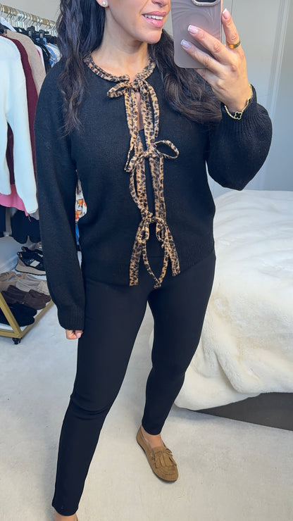 Juni Leopard Print Trim Tie Front Jumper