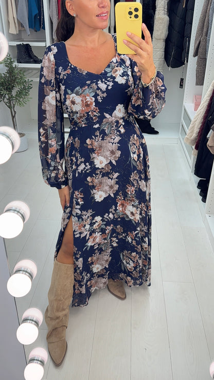 Fawcett Navy Floral Print Floaty Maxi Dress